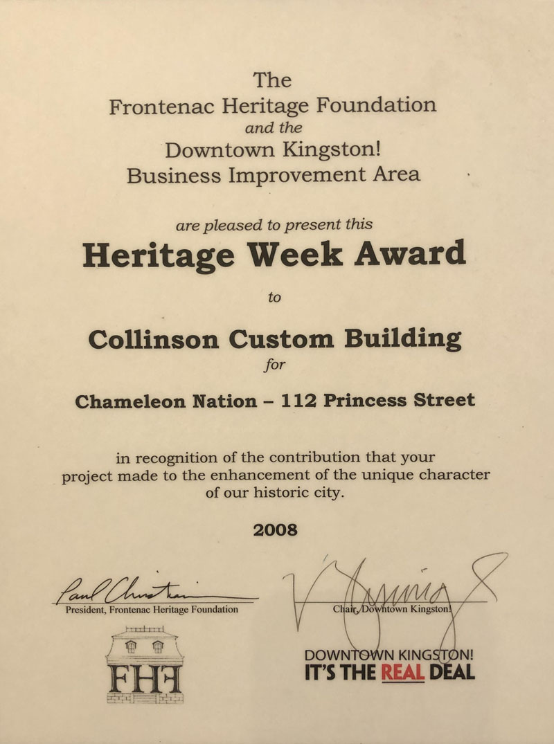 The Heritage Week award 2008 for the Frontenac Heritage Foundation and the Downtown Kingston! Business Improvement Area